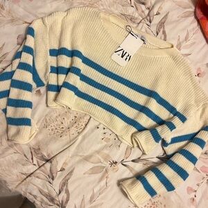 Zara Women's Striped Cream and Blue Sweater